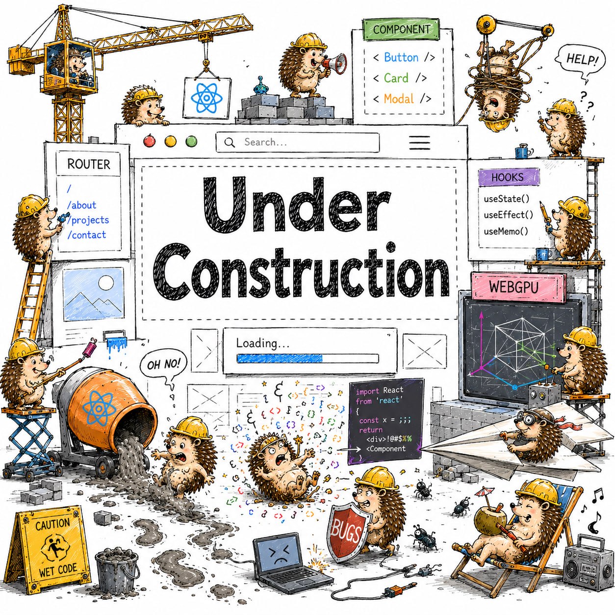 A whimsical under-construction illustration with hedgehogs